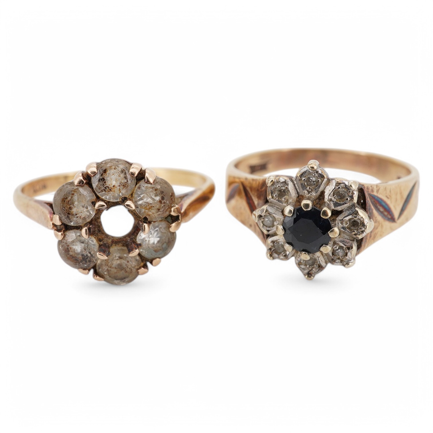 A modern 9ct gold, sapphire and diamond chip set flower head cluster ring and one other 9ct gold ring set with colourless stones (one missing), gross weight 6.6 grams. Condition - poor to fair